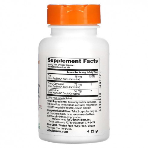 Doctor's Best PepZinGL, Хелат цинка + L-карнозин, 120 вег.капс