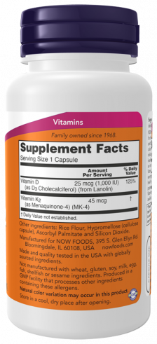 NOW Vitamin D-3 &amp; K-2 1000 IU / 45 mcg, 120 капсул